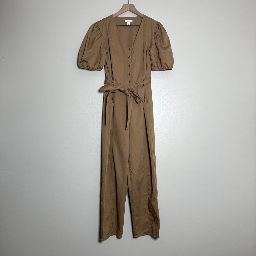 Nine West Womens Puff Sleeve Wide Leg Jumpsuit M Brown Minimalist Vacation Boho